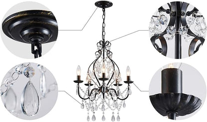 Saint Mossi 5-Lights Crystal Chandelier with Plug, Farmhouse Pendant Light Fixtures, H24 x D17,Chain Adjustable Max 59", Black Finish