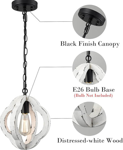SAMTEEN Farmhouse Wood Pendant Light Distressed White Wood Chandelier Lighting with Adjustable Chain Wooden Hanging Light Fixtures for Kitchen Island Dining Room Bedroom