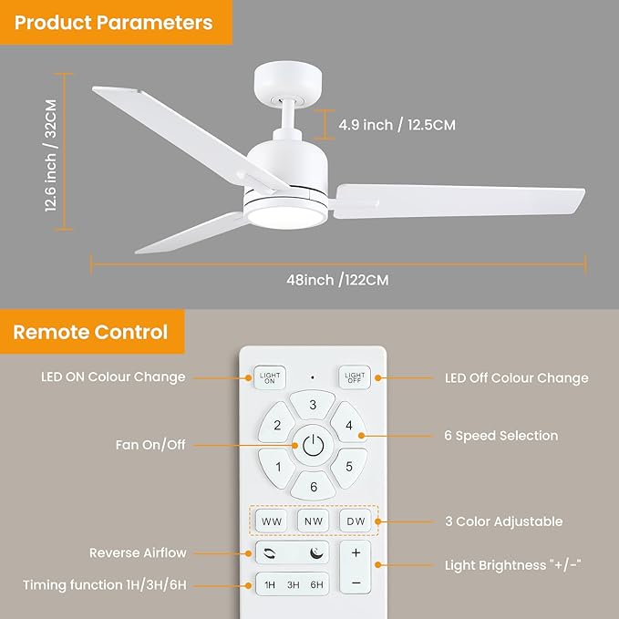 Newday 48 Inch Ceiling Fans with Lights Remote, White Ceiling Fans Dimmable 3 Color Temperature, Timer, 3 Blades, 6 Speed Modern Fan Quiet Reversible DC Motor for Indoor or Covered Outdoor