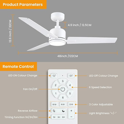 Newday 48 Inch Ceiling Fans with Lights Remote, White Ceiling Fans Dimmable 3 Color Temperature, Timer, 3 Blades, 6 Speed Modern Fan Quiet Reversible DC Motor for Indoor or Covered Outdoor