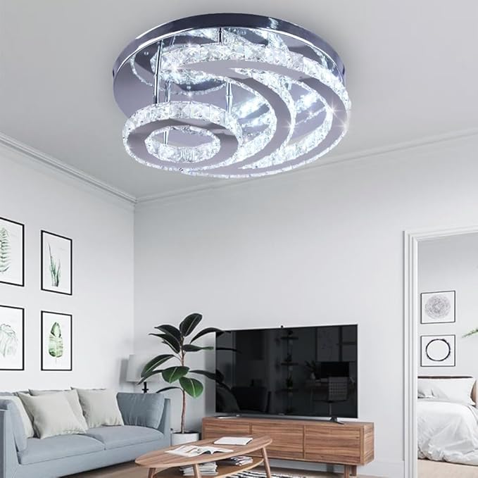 15.7" Crystal Chandelier Modern LED Ceiling Light Moon Shape Crystal Flush Mount Ceiling Lights Fixture for Bedroom Living Room Kitchen Hallway (6500K Cool White)