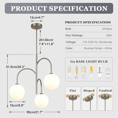 Modern 3 Light Brushed Nickel Chandelier Milk Glass Pendant Lights Kitchen Island White Globe Chandelier Light Fixture Silver Chandeliers for Dining Room