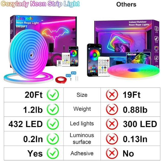 Cozylady RGB Neon LED Rope Lights, Waterproof Bluetooth APP Remote Control Music Sync Strip Lights, 24V Flexible DIY Silicone Light for Bedroom Home Indoor Outdoor Decor (6M/20Ft)