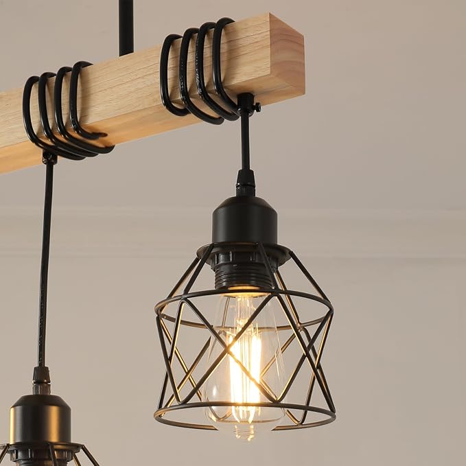 3 Light Farmhouse Ceiling Light,Pendant Light Kitchen Island,Dining Room Chandelier Light Fixture Over Table,Rustic Hanging Light for Kithen,Dining Room,Real Wood,Black Metal Cage