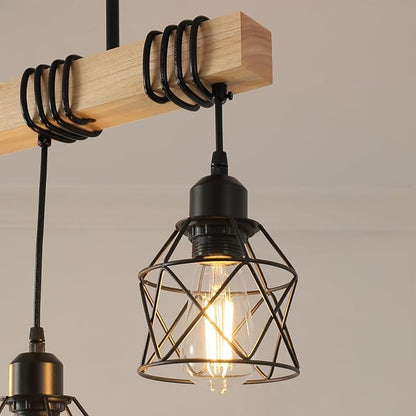 3 Light Farmhouse Ceiling Light,Pendant Light Kitchen Island,Dining Room Chandelier Light Fixture Over Table,Rustic Hanging Light for Kithen,Dining Room,Real Wood,Black Metal Cage