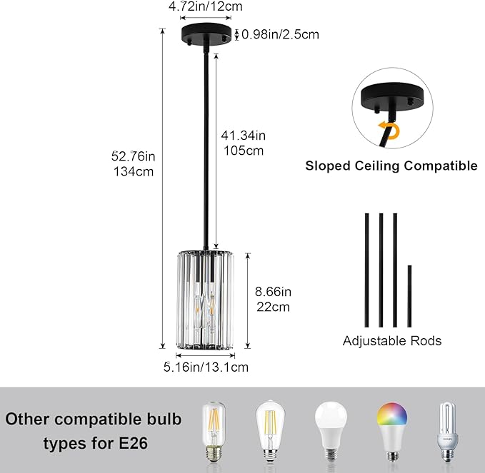 3 Pack Black Modern Crystal Pendant Lights, Hanging Light Fixtures Mini Kitchen Island Pendant Lights Adjustable Crystal Chandelier Fixture for Island Dining Room Hallway Bedroom