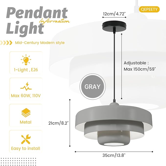 Gray Pendant Light Industrial 1-Light Adjustable Hanging Light Fixture with 3-Layer Metal Shade, Minimalist Pendant Lamp for Kitchen Island Dining Room Hallway
