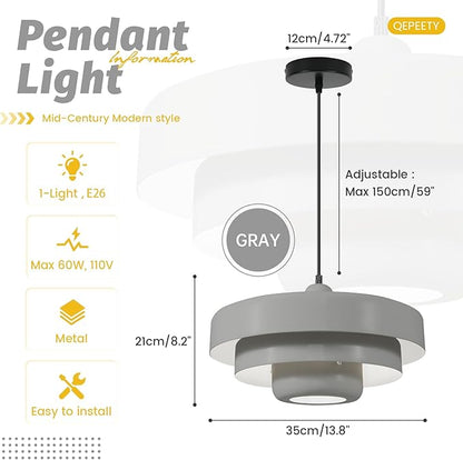 Gray Pendant Light Industrial 1-Light Adjustable Hanging Light Fixture with 3-Layer Metal Shade, Minimalist Pendant Lamp for Kitchen Island Dining Room Hallway