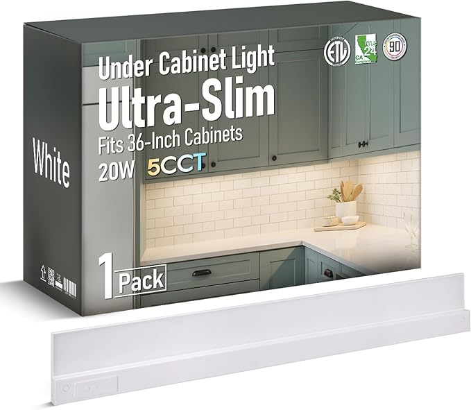 TORCHSTAR Ultra-Slim LED Under Cabinet Lighting Fits 36 Inch Cabinets, 5CCT 20W 1500LM, Hardwired & Plug-in, 120V CRI90 Linkable Dimmable Thin Under Counter Lights for Kitchen, ETL T24