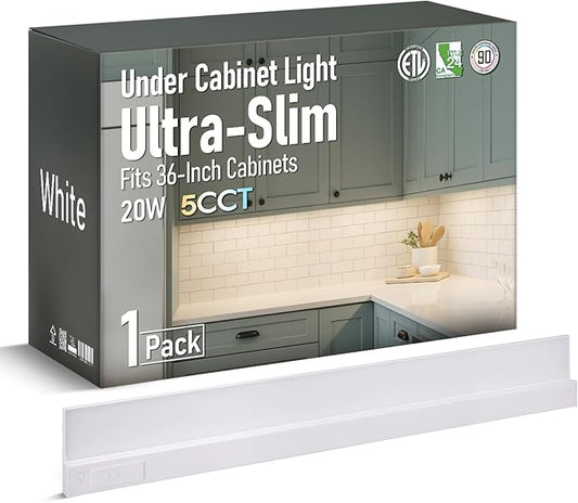 TORCHSTAR Ultra-Slim LED Under Cabinet Lighting Fits 36 Inch Cabinets, 5CCT 20W 1500LM, Hardwired & Plug-in, 120V CRI90 Linkable Dimmable Thin Under Counter Lights for Kitchen, ETL T24