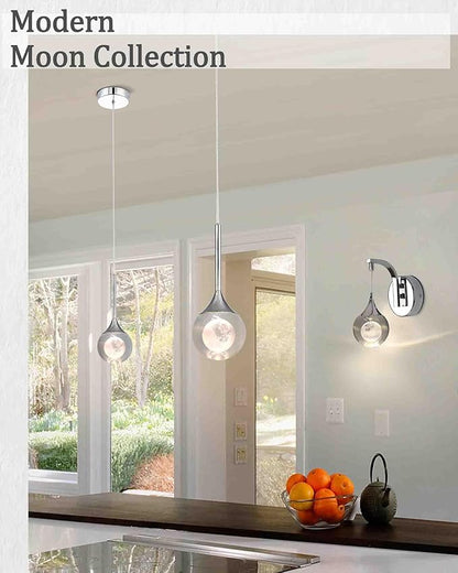 Modern Crystal Moon Pendant Light, Chrome Dimmable Natural White (3000K) LED Hanging Light Fixture for Kitchen Island, Dining Room, Bar, Bedroom