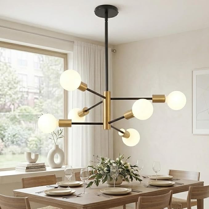 CANMEIJIA Modern Modern Sputnik Chandelier, Industrial Black Gold Ceiling Light Fixture,6-Light Pendant Light Fixture for Kitchen Island,Bedroom Dining Room Living Room