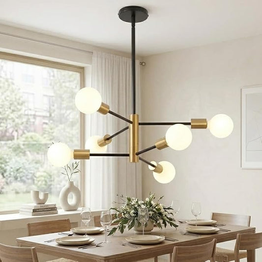 CANMEIJIA Modern Modern Sputnik Chandelier, Industrial Black Gold Ceiling Light Fixture,6-Light Pendant Light Fixture for Kitchen Island,Bedroom Dining Room Living Room
