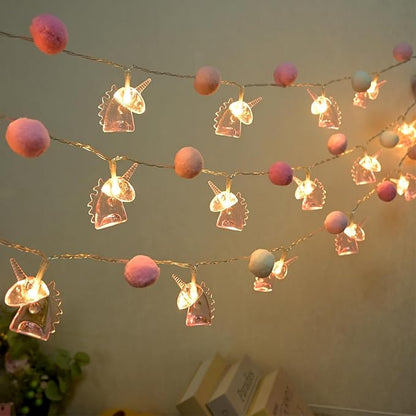 9.85FT Room Decor String Lights with 20 Cute PomPoms 20 Pink Unicorn LED Lights Battery Operated with Timer for Girls Bedroom Birthday Party Kids Playhouse Wedding Valentine's Day Christmas Decoration
