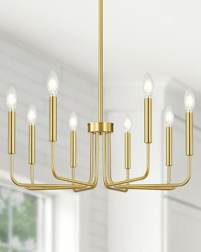 Yunnix 8 Light Modern Brushed Gold Chandelier for Dining Room Light Fixtures Over Table, Vintage Brass Master Bedroom Chandelier for Entryway, Foyer, Staircase, Kitchen and Living Room