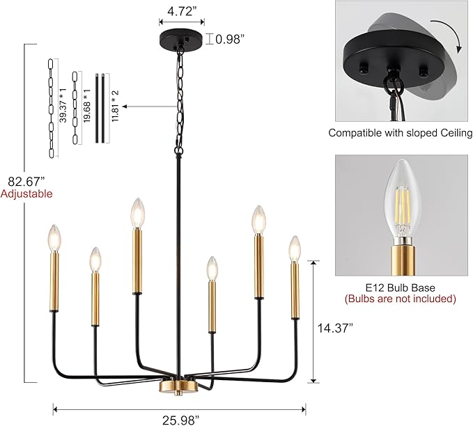 Modern Black and Gold Chandelier for Dining Room,Metal 6-Light Kitchen Light Fixtures,Farmhouse Candle Hanging Pendant Lights for Living Room Entryway Foyer Bedroom (Bulb Not Included)