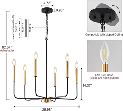 Modern Black and Gold Chandelier for Dining Room,Metal 6-Light Kitchen Light Fixtures,Farmhouse Candle Hanging Pendant Lights for Living Room Entryway Foyer Bedroom (Bulb Not Included)