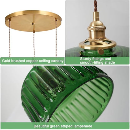 3-Light Modern Chandelier Pendant Light - Mid Century Sputnik Glass Globe With Green Striped Shade, Gold Adjustable Ceiling Lamp for Dining Room