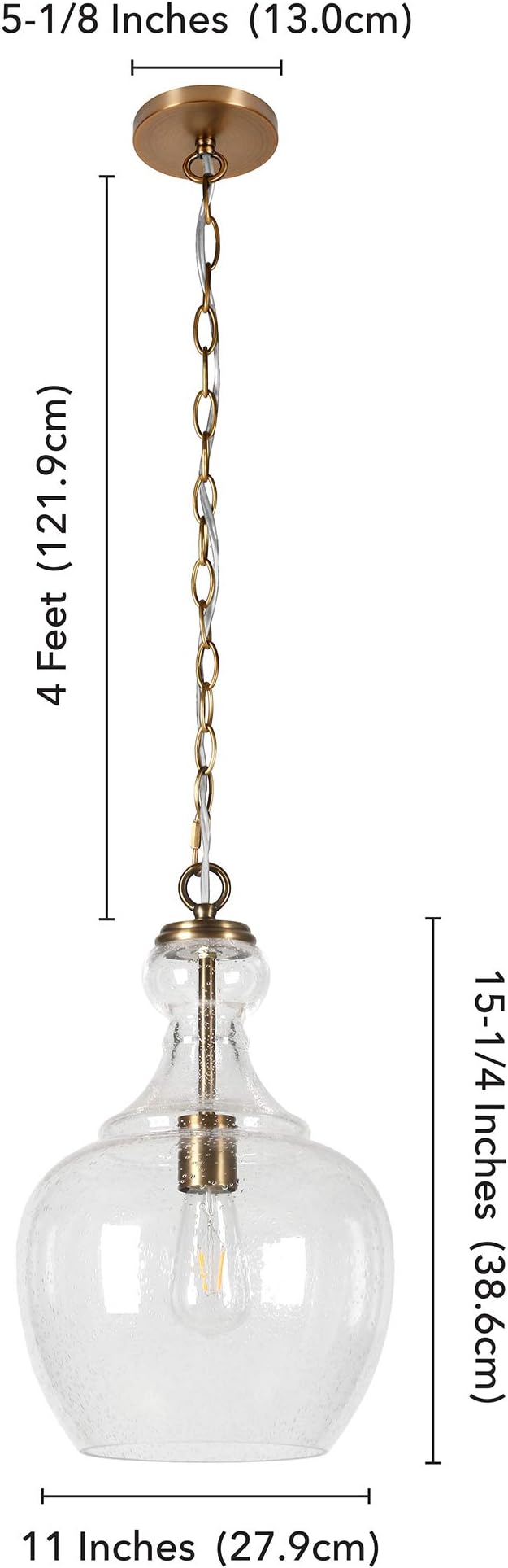 Henn&Hart 11" Mid-Century Modern Pendant Light Fixture with Seeded Glass Dome Shade and 6' Adjustable Cord for Kitchen Island, Dining Room or Game Room, Brass