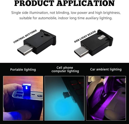 2PCS USB Type C LED Ambient Light, 8 Colors RGB LED Car Atmosphere Lamp with Adjustable Brightness, 5V Plug-in USB Night Lights Interior Decoration for Vehicle Home Office