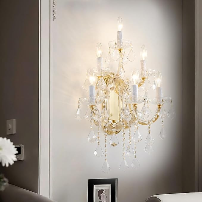 Large Modern Crystal Wall Lights - 6 Lights Maria Theresa Wall Lamp Chandelier Light Fixtures, Gold Wall Mounted Sconce for Hotel, Living Room, Hall, Lobby