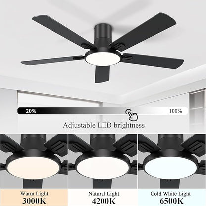 SNJ 52 Inch Black Ceiling Fans with Lights and Remote,Flush Mount Low Profile 5 Blades Ceiling Fan,Dimmable Quiet Reversible DC Motor for,Living Room,Bedroom and Patio