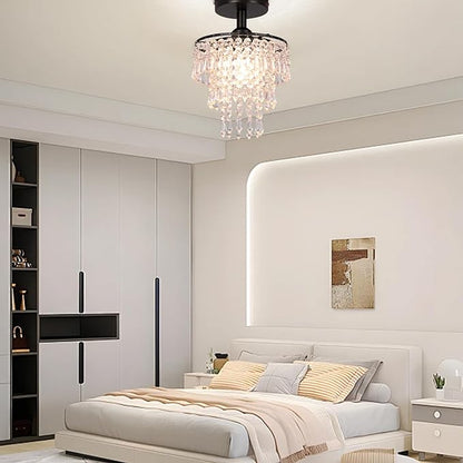 FRIXCHUR Small Crystal Chandelier Flush Mount Ceiling Light 3 Tiers Raindrops Crystal Chandeliers for Bedroom Hallway Foyer Living Room Entryway Closet, Black