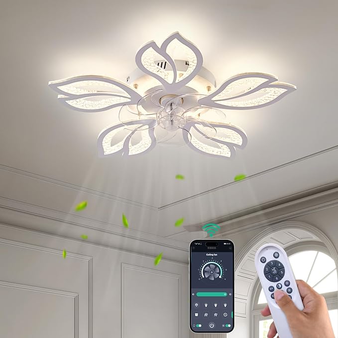Yfrest Ceiling Fan with Lights Remote Control, White Bladeless Ceiling Fan with Light, 6 Speeds 3 Light Color Low Profile Ceiling Fan for Kitchen Bedroom