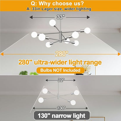 Sputnik Chandeliers Dining Room Light Fixture (8-Light, 30-Inch), Modern Brushed Nickel Chandelier, Height Adjustable Mid Century Modern Chandeliers for Dining Room Kitchen Island (Bulbs Not Included)