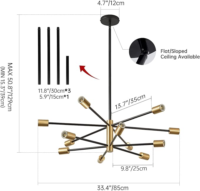RUIYEY Modern Chandelier Ceiling Light Fixture - Sputnik Chandeliers Gold and Black Farmhouse 12-Light Height Adjustable for Dining Room, Living Room, Kitchen Island