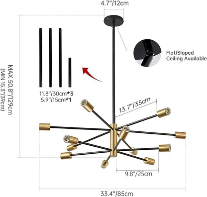 RUIYEY Modern Chandelier Ceiling Light Fixture - Sputnik Chandeliers Gold and Black Farmhouse 12-Light Height Adjustable for Dining Room, Living Room, Kitchen Island