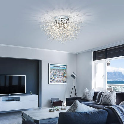 AGV LIGHTING CL023C Crystal Ceiling Light, Close to Ceiling Flushmount Light Fixture, Firework Design Dandelion Shape, 6-Lights, D18 x H10, Chrome Finish