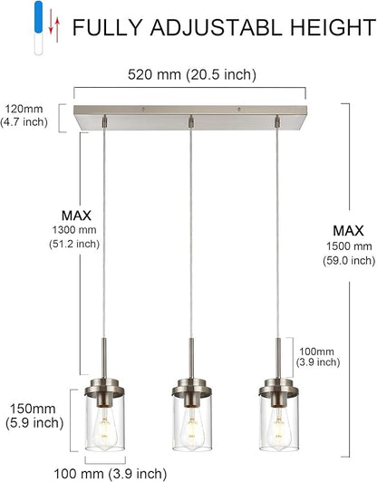 MELUCEE Kitchen Pendant Lighting Over Island 3 Lights Linear Chandelier Brushed Nickel Finish Dining Room Light Fixtures Ceiling Hanging Lamp with Clear Glass Shade, 20.5 Inches Length