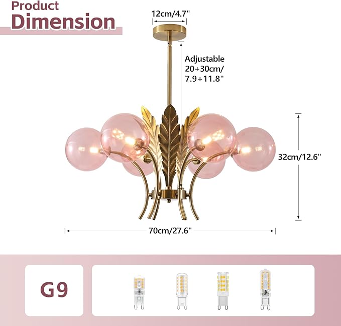 BOKT Modern Sputnik Chandeliers 6-Lights Island Pendant Lighting Fixture Mid Century Ball Chandelier with Pink Globe Lampshade Gold Sphere Ceiling Light for Dining Room Living Room Girls Room