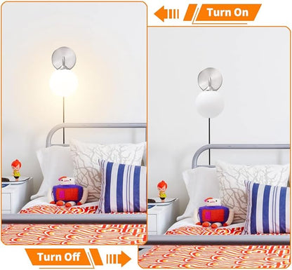 Modern Brushed Nickel Plug in Wall Sconce Set of 2, Wall Light Fixture with Milky White Globe Glass Lampshade, Wall Lamp with Plug in Cord, Art Deco Wall Light for Bedroom Living Room Hallway