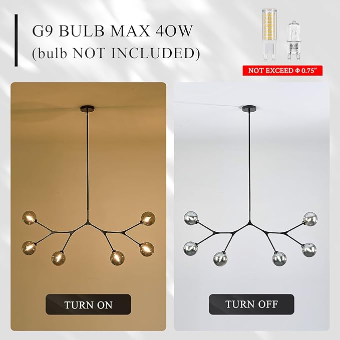 6 Lights Sputnik Chandelier for Dining Room L45’’ Black Modern Pendant Light Fixture with Black Clear Glass Shade Large Mid Century Chandeliers for Kitchen Island Living Room Foyer