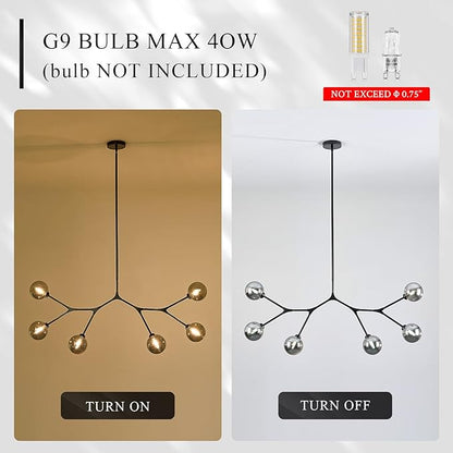 6 Lights Sputnik Chandelier for Dining Room L45’’ Black Modern Pendant Light Fixture with Black Clear Glass Shade Large Mid Century Chandeliers for Kitchen Island Living Room Foyer