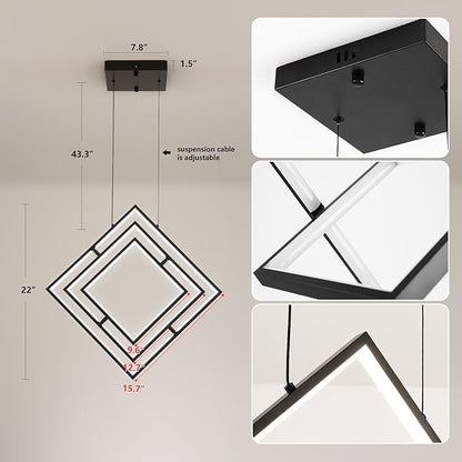 Modern LED Black Square Chandelier Geometric Chandeliers LED Dimmable Hanging Pendant Light Contemporary Creative DIY Height Adjustable Lighting for Entryway Dining Room 3000-6000k