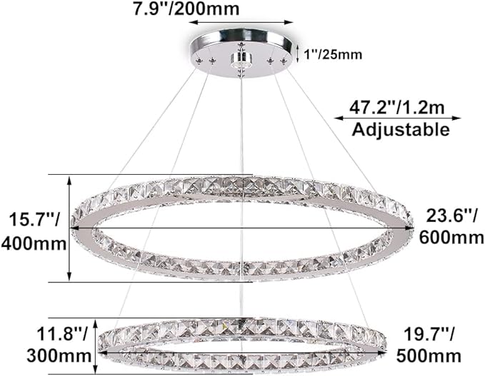 Finktonglan 23.6" Oval Crystal LED Chandelier, Modern 2 Ring Hanging Light Fixture, Cool White 6500K, Non-Dimmable, Built-in LED Pendant Light for Dining Room Bedroom