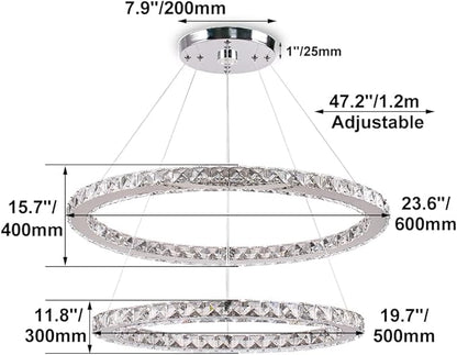Finktonglan 23.6" Oval Crystal LED Chandelier, Modern 2 Ring Hanging Light Fixture, Cool White 6500K, Non-Dimmable, Built-in LED Pendant Light for Dining Room Bedroom