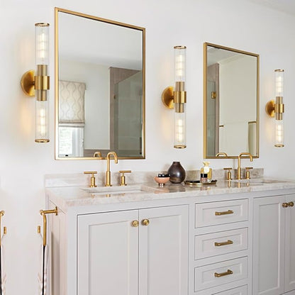 Gold Bathroom Light Fixtures 2 Pack, Vanity Lights for Mirror with Threaded Glass Shade, 20 Inch Up and Down Wall Sconces for Bathroom Bedroom Living Room Hallway - Bulb Not Included