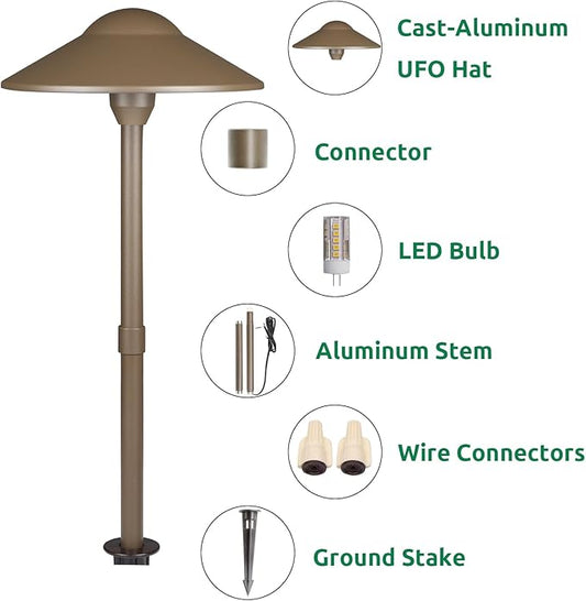 Lumina Lighting® Low Voltage Landscape Lighting Cast-Aluminum Path and Area Light Warm White 3W G4 LED Bulb and ABS Ground Stake Included for Yard Walkway Lawn PAL0108-BZLED10 (Bronze, 10-Pack)