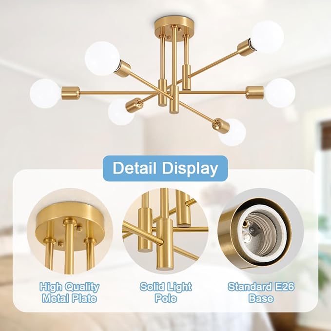 Biewalk Modern Chandelier Ceiling Light Fixture, 6-Light Sputnik Dining Chandeliers 31.18" Gold and Black Chandelier Over Table, Mid Century Lights Fixture for Dining Room Living Room Kitchen Island