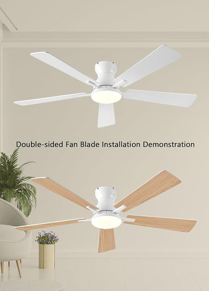 JSAITEE Ceiling Fans with Lights, 52Inch Low Profile Ceiling Fan with Light and Remote/App Control, Modern Flush Mount White Ceiling Fan, 3CCT Dimmable, Reversible DC Motor, for Living Room,Bedroom