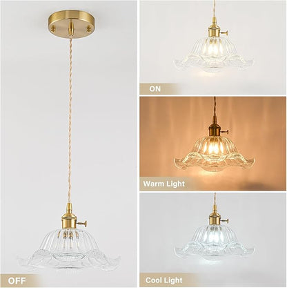 Vintage Pendant Lights Kitchen Island 2 Pack, Adjustable Pendant Light Fixtures with Transparent Lily Glass Lampshade, Gold Kitchen Pendant Lighting Over Island, Pendant Light for Dining Room Hallway