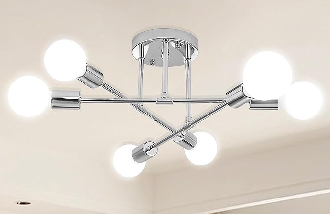 Modern Sputnik Chandelier, 6-Light Ceiling Light,Flush Mount Ceiling Light Fixture for Bedroom,Dining Room,Kitchen,Office,Silver