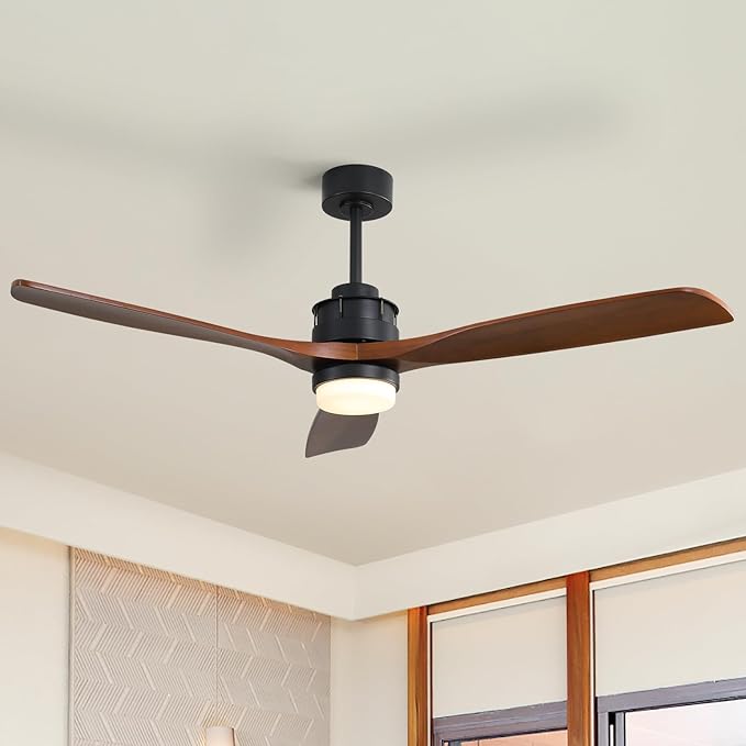 Sofucor 60 inch Ceiling Fan with Lights and Remote, Modern Large LED Ceiling Fan with 3 Walnut Blades and 3 Black Downrods, for Indoor Living Room Bedroom Outdoor Patio Porch, Reversible DC Motor