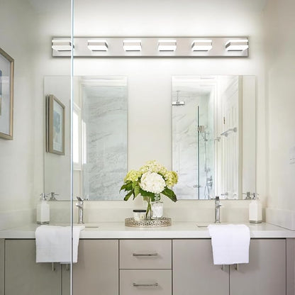 SOLFART LED Modern Bathroom Vanity Lights Over Mirror, Brushed Nickel Vanity Light Fixture 6 Light, LED Nickel Bathroom Lights Cool Light 6000K