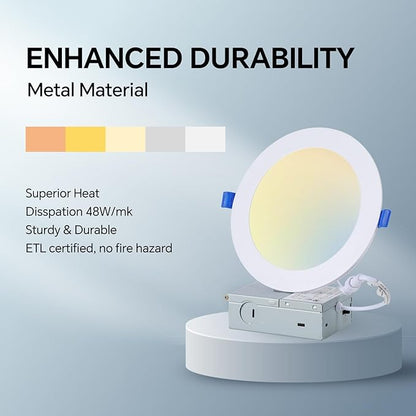 Simple Deluxe 12 Pack 6 Inch Ultra-Thin Recessed Ceiling Light with Junction Box,2700K-5000K 5CCT,1050LM 12W Eqv 110W Brightness Dimmable Canless Wafer Downlight ETL&FCC