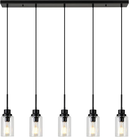 Black Dimmable Pendant Lighting for Kitchen Island, 5-Light Modern Pendant Lights for Kitchen Restaurant Living Room with Clear Glass Shade